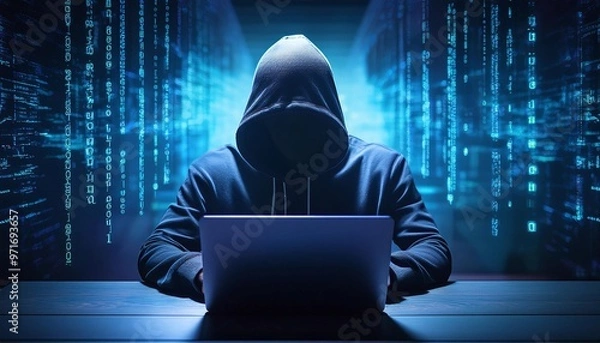 Fototapeta internet security and data protection concept, hacker in dark hoodie hacking into corporate system