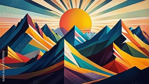 Fototapeta A vibrant, geometric landscape featuring colorful mountains and a rising sun.