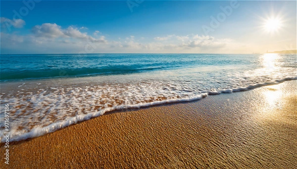 Obraz 太陽の光を浴びて黄金色に輝く砂浜の写真。目の前にはクリスタルブルーの海が広がり、柔らかな波が砂浜に寄せては返す。波打ち際には細かい泡が残り、穏やかな風が優しく吹き抜ける。