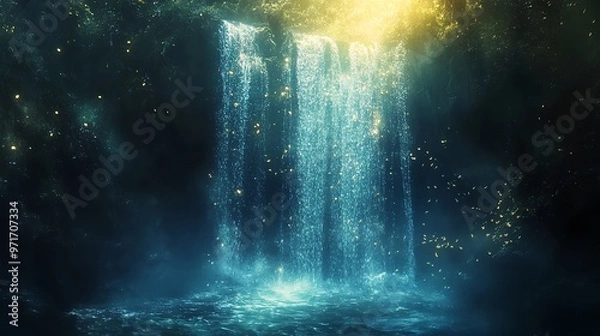 Fototapeta A magical waterfall in a dark forest with glowing lights.