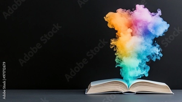 Fototapeta Vibrant magical book of magic with colorful smoke rising from it, symbolizing the powerful and magical essence of fantasy stories, with space for text.
