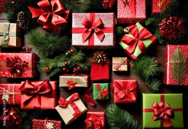 Obraz vibrant holiday gift displays featuring colorful unique festive decorations joyful seasonal experience, wrap, celebration, bright, box, package, theme, design