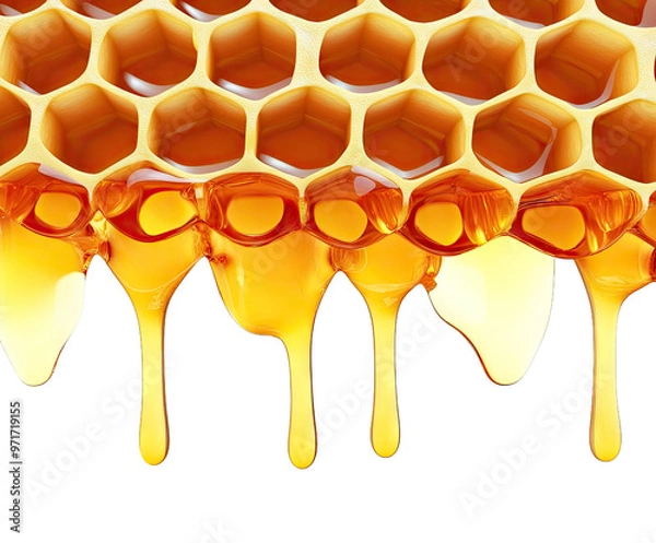 Fototapeta Golden honey dripping from comb