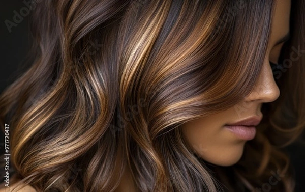 Fototapeta A stunning caramel balayage hairstyle blending warm fall tones for a sun-kissed effect in a stylish salon setting