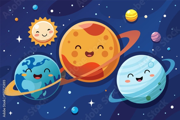 Fototapeta Playful cartoon planets in a colorful outer space setting with a shining sun and smiling characters enjoying cosmic adventures