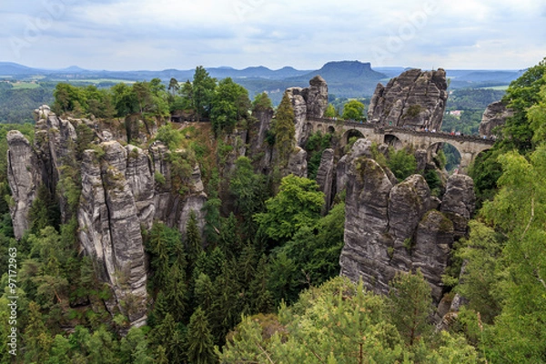 Fototapeta Beautiful view of the rocky mountains. Reserve Bastei. bridge Bastei