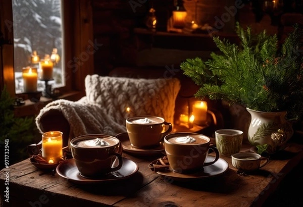 Fototapeta cozy warm beverages enjoyed inviting relaxing settings soft lighting comfortable surroundings, tea, coffee, mug, cup, steam, drink, home, decor, ambiance