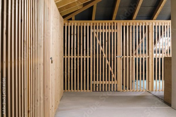 Fototapeta Attic storage in 4-story building. Multiple storage units with wood wall separation. Dry and safe storage compartment under pitched roof. Selective focus on back wall. Lucerne, Switzerland.