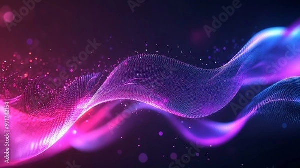 Fototapeta An abstract background with a flowing wave of particles in pink and blue.