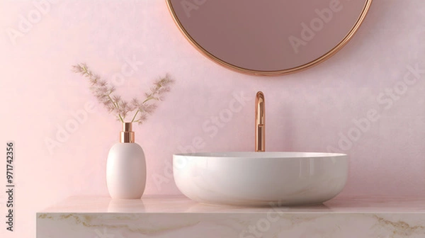 Fototapeta Marble vanity counter in soft beige tones with a rose gold faucet, white oval ceramic washbasin, and a round mirror framed in brushed gold, set against a light pink wall for a luxury beauty product