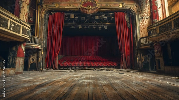 Fototapeta Empty 1920s vaudeville theater stage – A grand but abandoned vaudeville stage, with tattered red curtains, broken wooden floors, and empty seats staring back
