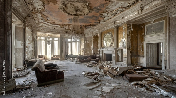 Fototapeta Forgotten 1920s hotel ballroom filled with debris – The grand ballroom, filled with broken furniture, shattered mirrors, and torn, dusty drapes, once filled with laughter and music, now silent