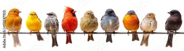 Fototapeta Diverse Birds on a Wire, a full-body display of various bird species perching together against a clean white background, highlighting their unique colors and features.
