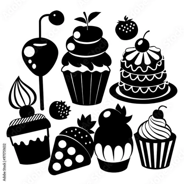 Fototapeta Various silhouette desserts are artistically arranged showcasing cupcakes ice cream cones and cakes against a creative art scale design inviting sweetness