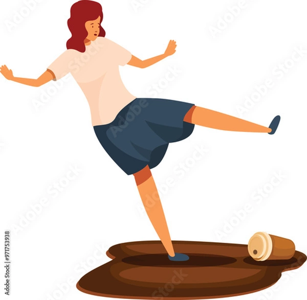 Fototapeta Young woman is losing her balance and falling down after stepping on a coffee puddle