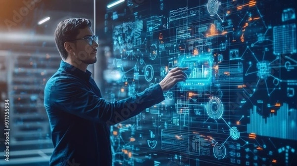 Fototapeta A visionary entrepreneur developing new growth strategies with a digital holographic interface, symbolizing innovation, creativity, and growth, photorealistic, hightech feel, 8k