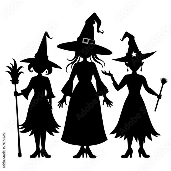 Fototapeta Three witches are depicted in black silhouette showcasing unique hats and accessories capturing a whimsical Halloween vibe in their elegant posture