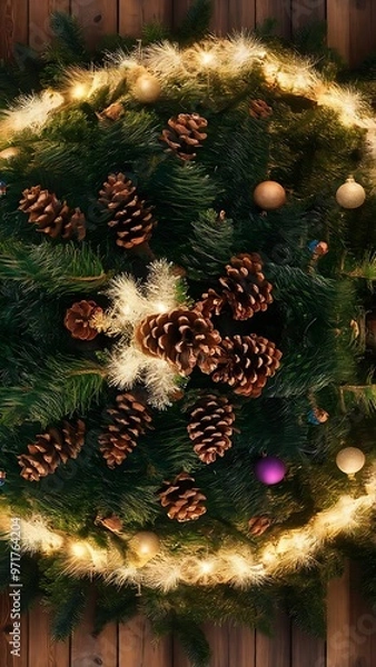Fototapeta Top view of christmas tree twigs with pine cones, baubles and illuminated garland on wooden background