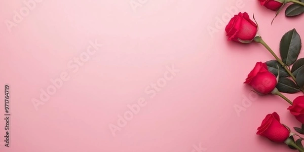 Fototapeta Elegant red roses with green leaves arranged on a soft pink background. Perfect for Valentine's Day, romance, or feminine designs. Minimalist floral layout with copy space