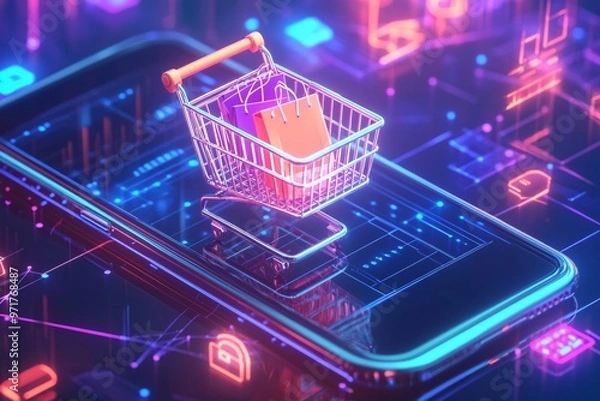 Fototapeta Digital shopping cart displayed on a smartphone surrounded by glowing icons representing online commerce and technology trends