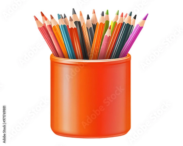 Obraz A colorful array of pencils stand upright in a red ceramic holder, Transparent background
