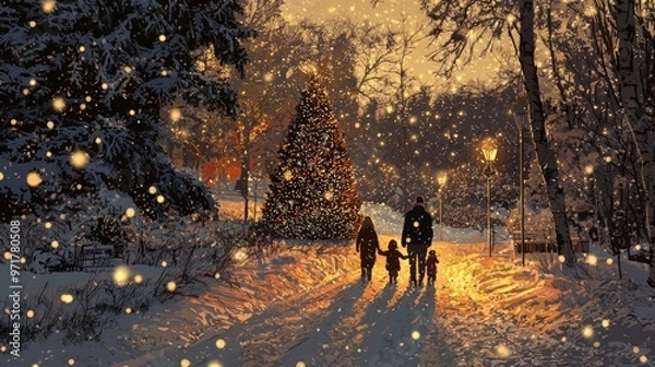 Fototapeta Family Holiday Stroll in Snowy Forest at Sunset Finding Christmas Tree - Winter Wonderland Concept