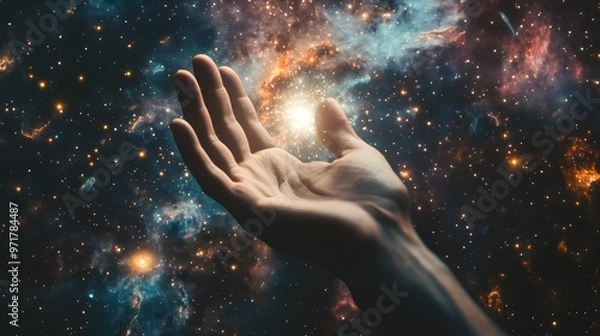 Fototapeta Hand Reaching Toward a Distant Galaxy: A human hand extending toward a colorful spiral galaxy, with stars and nebulae in the background.
