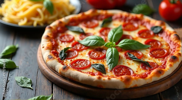 Obraz pizza with tomatoes and mushrooms