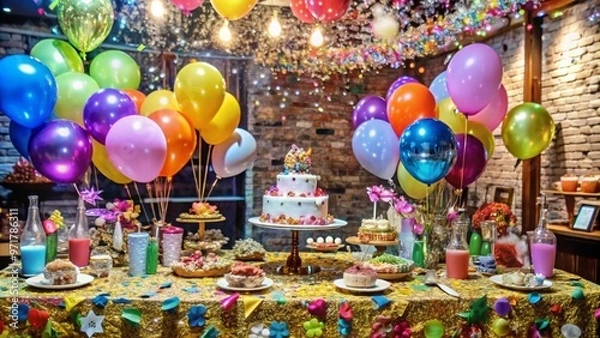 Fototapeta A colorful birthday party table with a cake, balloons, and decorations.
