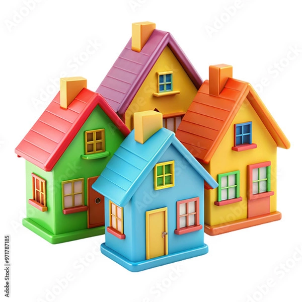 Obraz Set of 3 cartoon or toy houses models Isolated on transparent background.