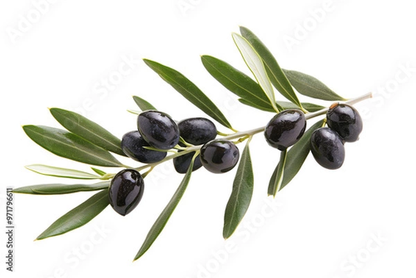 Obraz Black olives on branch. Olive branch isolated on white. 