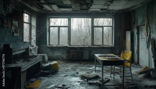 Fototapeta Chernobyl disaster, Chernobyl, apocalyptic photo, Chernobyl nuclear power plant after the catastrophe, abandoned buildings