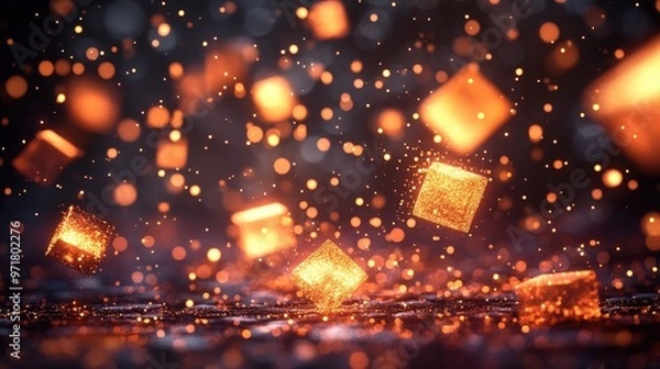 Fototapeta Glowing Orange Cubes with Sparkling Particles in Abstract 3D Scene