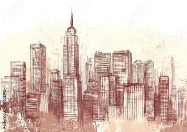 Fototapeta Hand drawn abstract cityscape sketch in artistic style