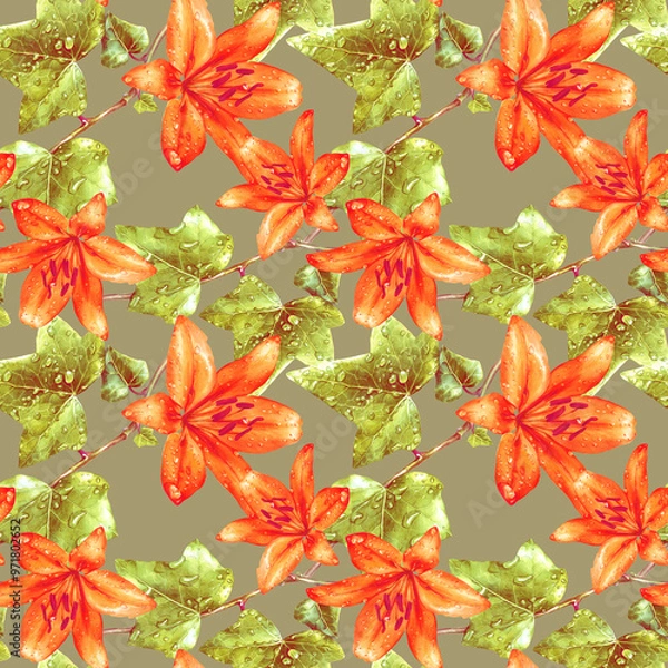 Fototapeta Watercolor seamless pattern, lily flowers and ivy in dewdrops.