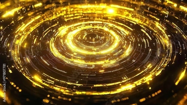 Obraz Abstract visual of concentric circles and geometric patterns illuminated in golden light, creating a futuristic, digital array of interconnected elements depicting advanced technology.