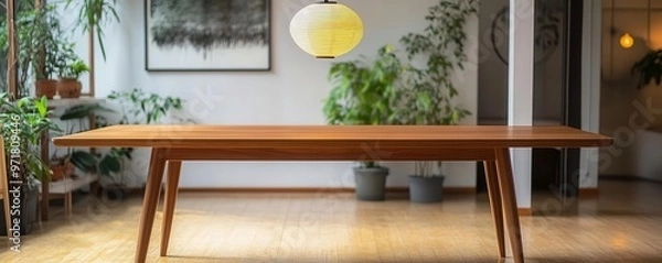 Fototapeta Teak dining table with tapered legs, Scandinavian-style interior, muted tones, modern lighting fixture above, plants in the background, clean aesthetic