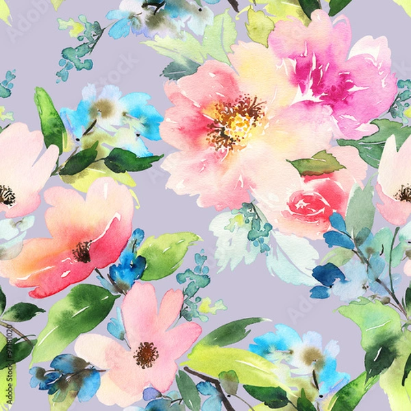 Fototapeta Seamless pattern with flowers watercolor. Gentle colors. Female