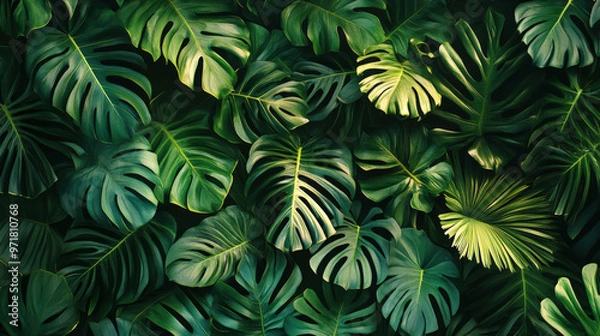 Fototapeta wallpaper that showcases a mix of various tropical leaves, creating a vibrant, layered look that brings the lushness of the tropics indoors