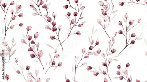 Fototapeta Watercolor heather twigs in a seamless pattern on a white background
