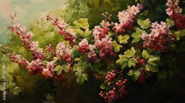 Fototapeta Oil painting depicting a blooming currant bush with clusters of flowers capturing the essence of the spring season