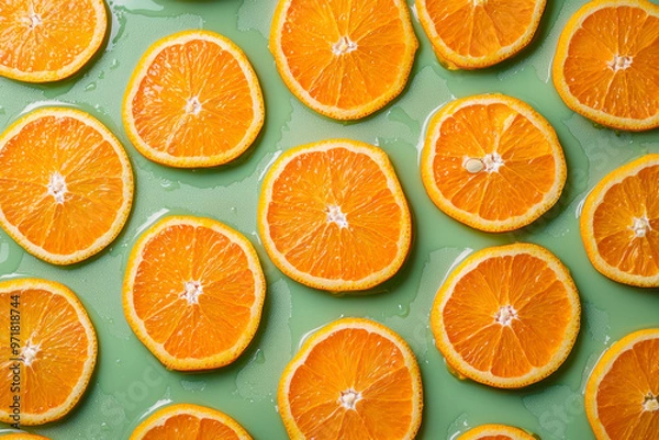 Fototapeta Colorful fruit pattern of fresh orange slices on green background. Top view.