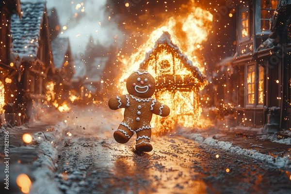 Obraz A gingerbread man running away from a gingerbread house that's on fire. Concept of holiday baking gone wrong.