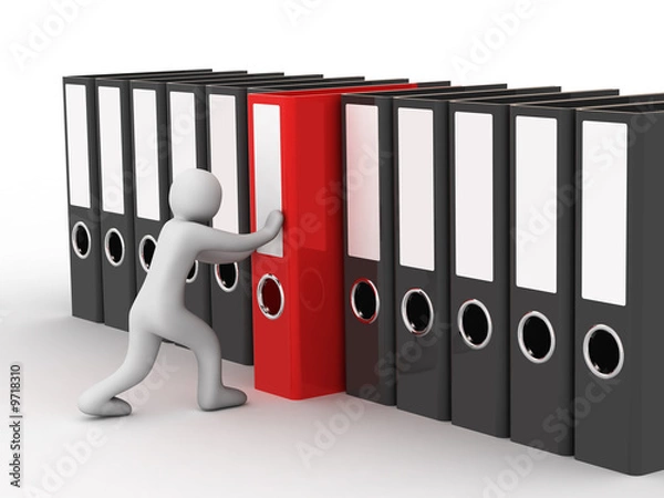 Fototapeta man and row of the folders on white background