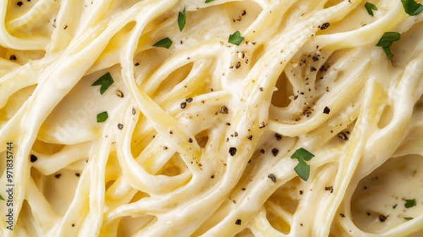 Fototapeta a close-up, top-down view of fettuccine alfredo, filling the entire frame with the focus on the pasta's intricate details