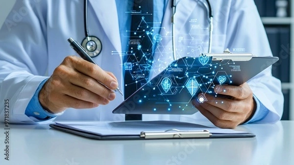 Fototapeta Doctor in a clinical setting reviewing a patient s health records and discussing treatment options in a professional environment