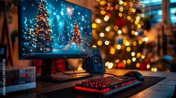 Fototapeta computer with a Christmas tree background