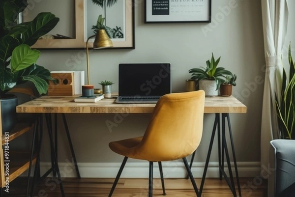 Fototapeta Minimalist home office with a clean desk, sleek laptop, and comfy chair. 🖥️🪑 Subtle decor adds elegance and personality for a productive workspace.