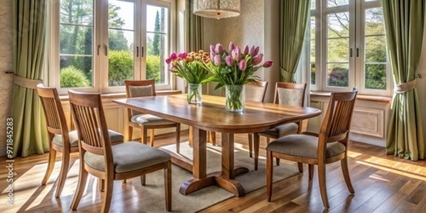 Fototapeta A charming focal point is created by the pairing of a beautifully crafted wooden table, chairs, and a