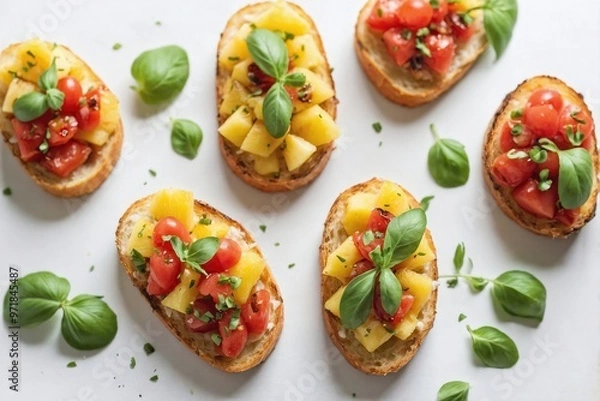 Fototapeta Pineapple Bruschetta: Overhead view of several bruschetta pieces arranged on a plain white surface